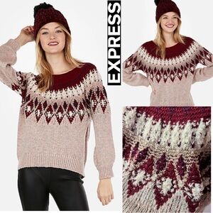 EXPRESS W’s M Furry Aztec Sweater Pink Shimmery Pullover Soft Cozy Winter Top